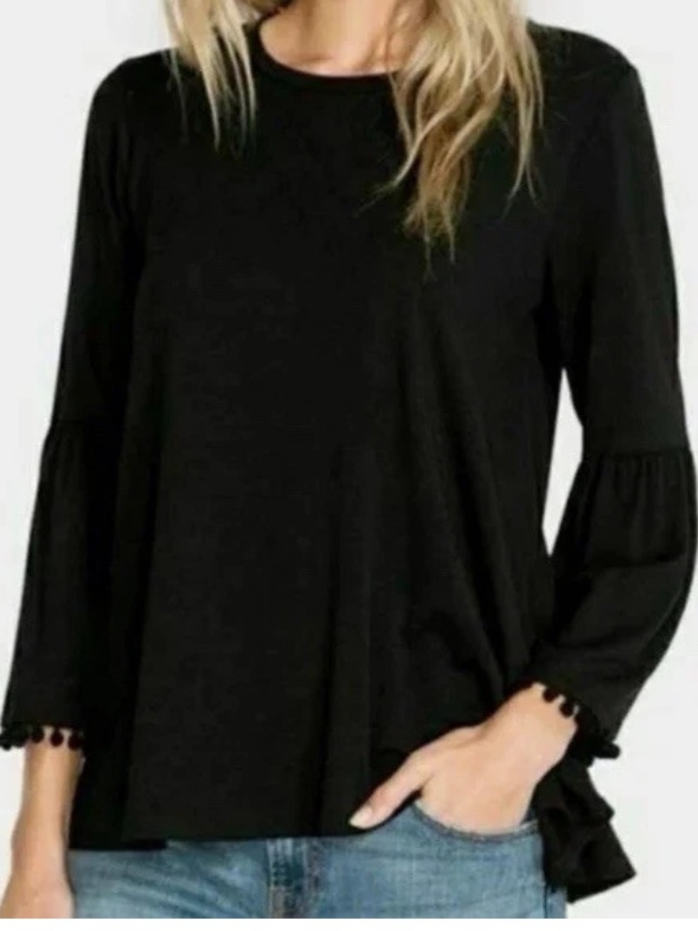 Johnny Was Calme Flute Sleeve Top with Pom Pom detail bamboo black size Small